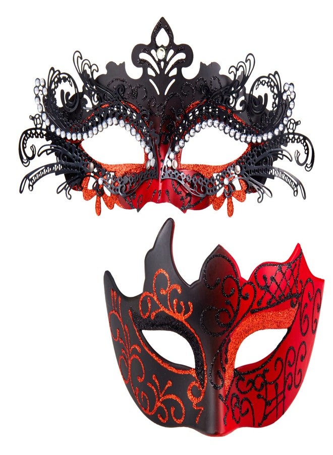MYSEUNI Masquerade Mask for Couple Red - Shiny Rhinestone Venetian Mask & Mens Venetian Half Face Mask for Christmas Mardi Gras Party Halloween Costume Cosplay Prom Masked Ball - Image 1
